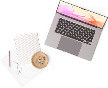 Top view of laptop, two sheets of paper, cup of tea, pencil and pins PNG, SVG